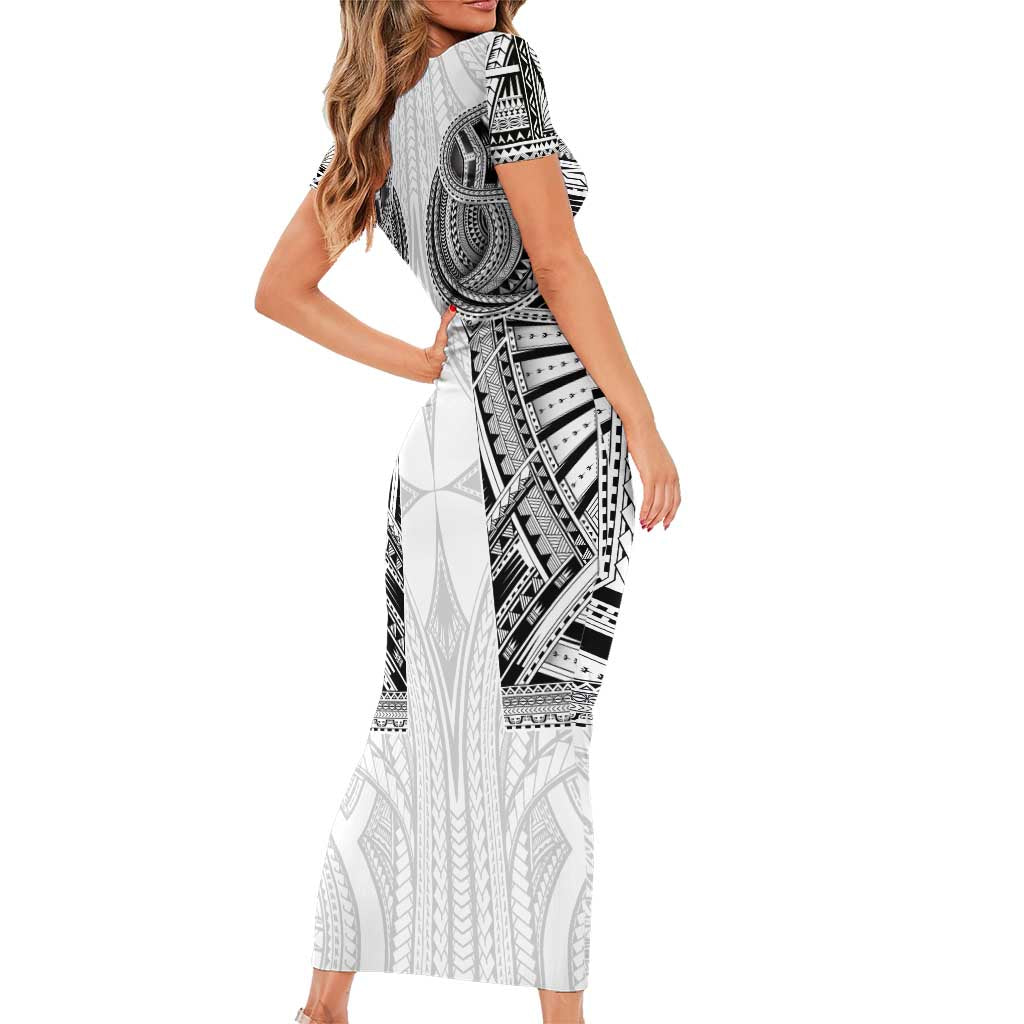 Samoan Traditional Art Tattoos Family Matching Short Sleeve Bodycon Dress and Hawaiian Shirt Tatau Tribal Motifs with Ula Nifo White LT03 - Polynesian Pride