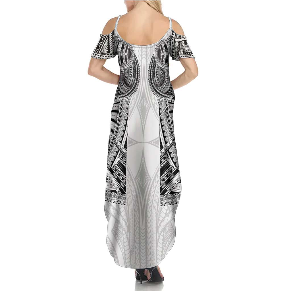 Samoan Traditional Art Tattoos Family Matching Summer Maxi Dress and Hawaiian Shirt Tatau Tribal Motifs with Ula Nifo White LT03 - Polynesian Pride