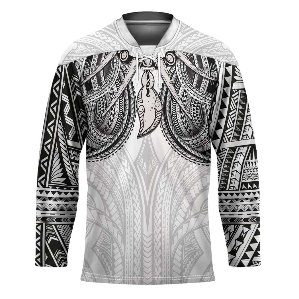 Samoan Traditional Art Tattoos Hockey Jersey Tatau Tribal Motifs with Ula Nifo White - Polynesian Pride