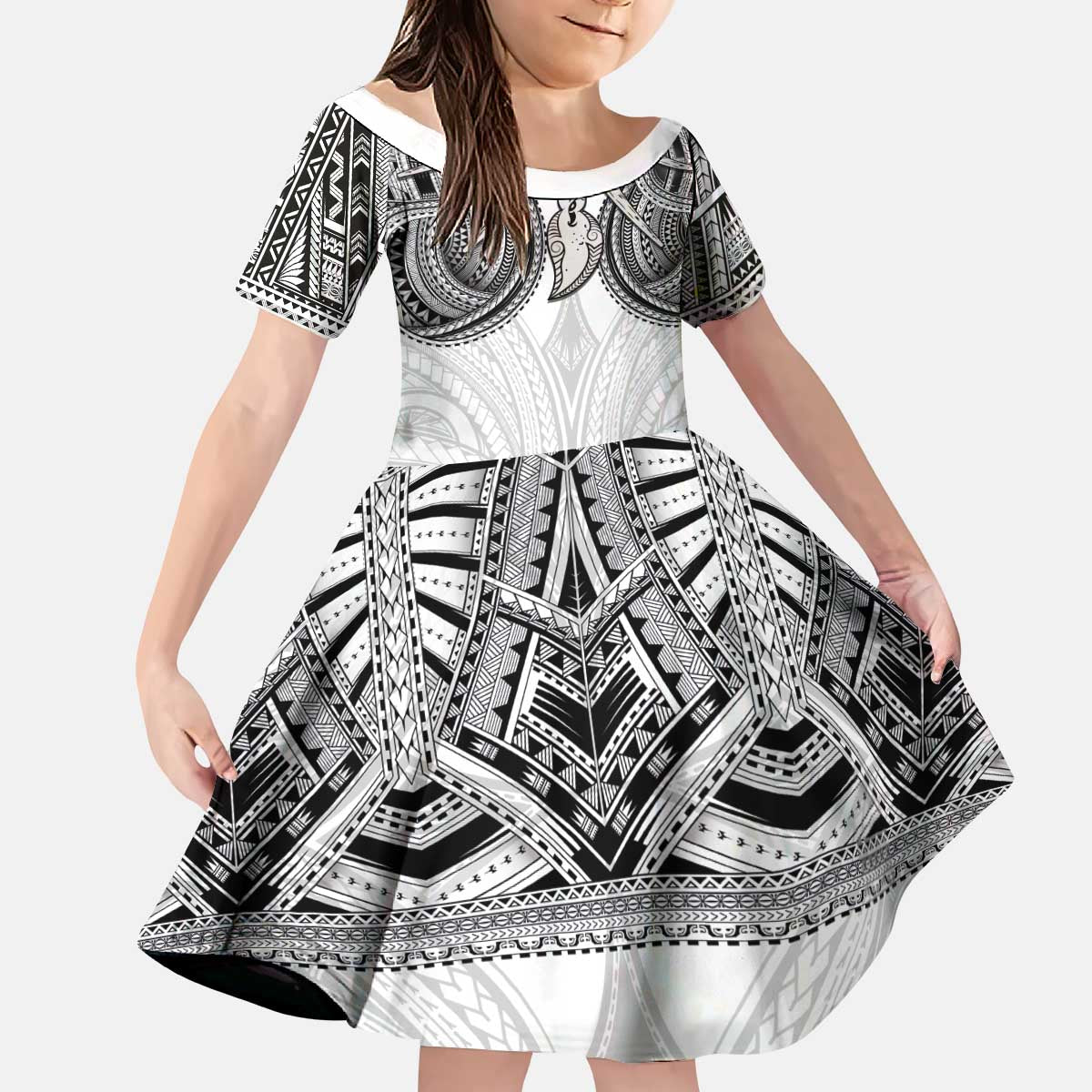 Samoan Traditional Art Tattoos Kid Short Sleeve Dress Tatau Tribal Motifs with Ula Nifo White LT03 KID White - Polynesian Pride
