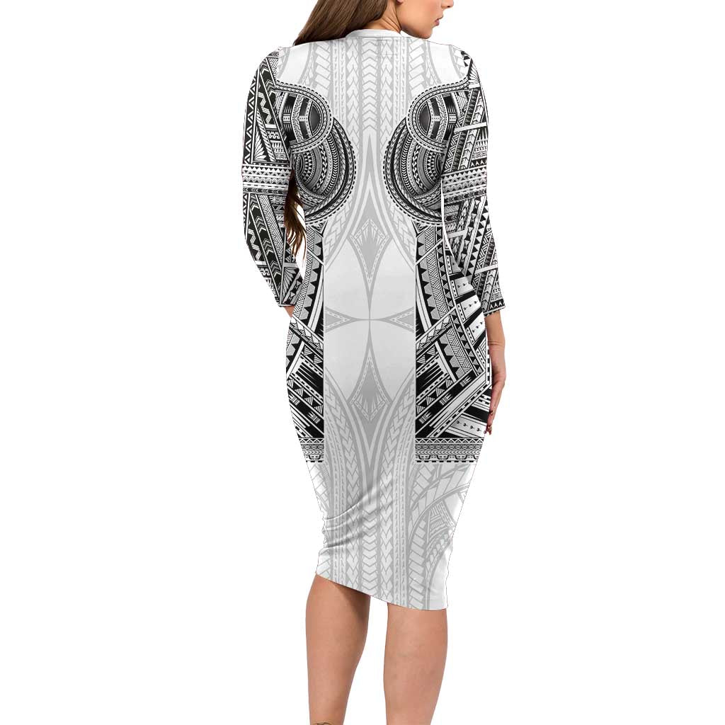 Samoan Traditional Art Tattoos Long Sleeve Bodycon Dress Tatau Tribal Motifs with Ula Nifo White LT03 - Polynesian Pride