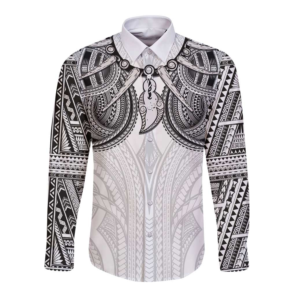 Samoan Traditional Art Tattoos Long Sleeve Button Shirt Tatau Tribal Motifs with Ula Nifo White LT03 Unisex White - Polynesian Pride