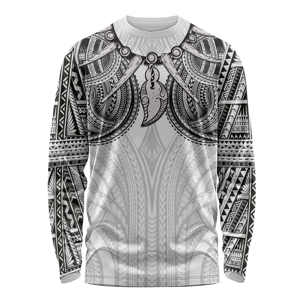 Samoan Traditional Art Tattoos Long Sleeve Shirt Tatau Tribal Motifs with Ula Nifo White LT03 Unisex White - Polynesian Pride