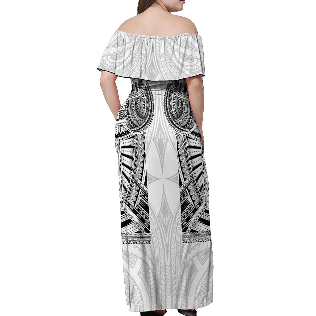 Samoan Traditional Art Tattoos Off Shoulder Maxi Dress Tatau Tribal Motifs with Ula Nifo White LT03 - Polynesian Pride