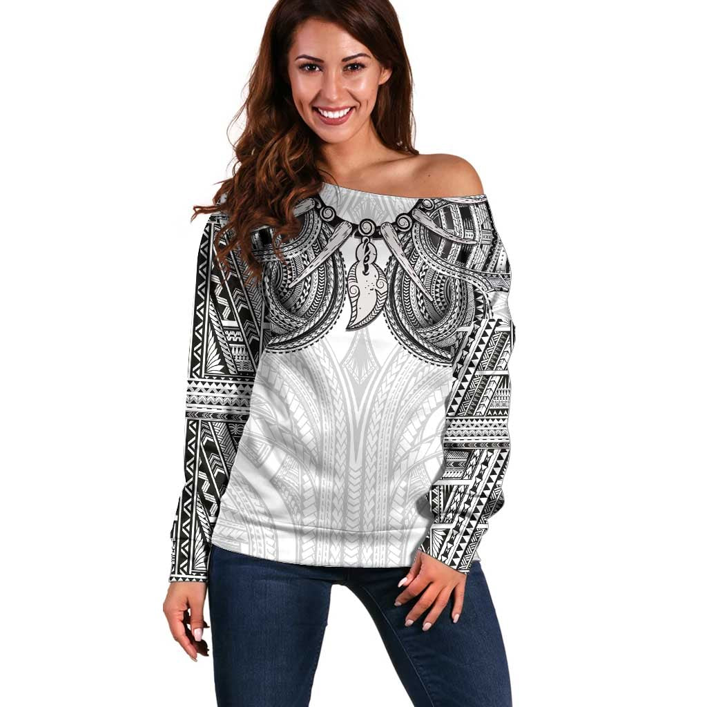Samoan Traditional Art Tattoos Off Shoulder Sweater Tatau Tribal Motifs with Ula Nifo White LT03 Women White - Polynesian Pride