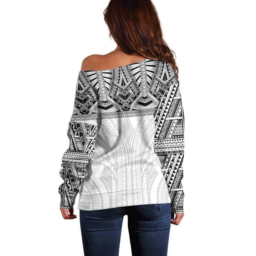 Samoan Traditional Art Tattoos Off Shoulder Sweater Tatau Tribal Motifs with Ula Nifo White LT03 - Polynesian Pride