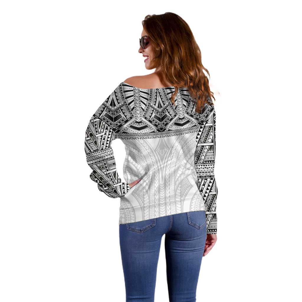 Samoan Traditional Art Tattoos Off Shoulder Sweater Tatau Tribal Motifs with Ula Nifo White LT03 - Polynesian Pride