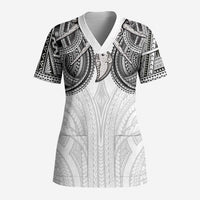 Samoan Traditional Art Tattoos Scrub Top Tatau Tribal Motifs with Ula Nifo White LT03 Adult White - Polynesian Pride