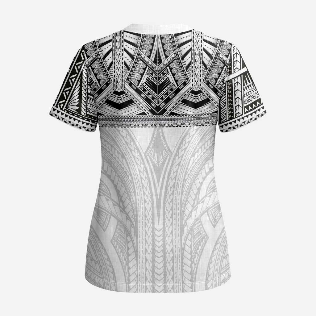Samoan Traditional Art Tattoos Scrub Top Tatau Tribal Motifs with Ula Nifo White LT03 - Polynesian Pride