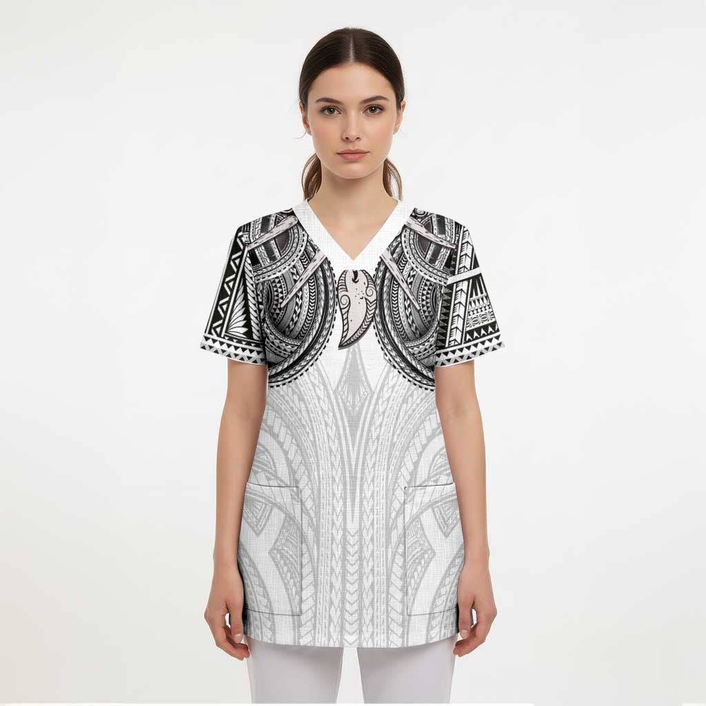 Samoan Traditional Art Tattoos Scrub Top Tatau Tribal Motifs with Ula Nifo White LT03 - Polynesian Pride