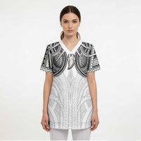 Samoan Traditional Art Tattoos Scrub Top Tatau Tribal Motifs with Ula Nifo White LT03 - Polynesian Pride