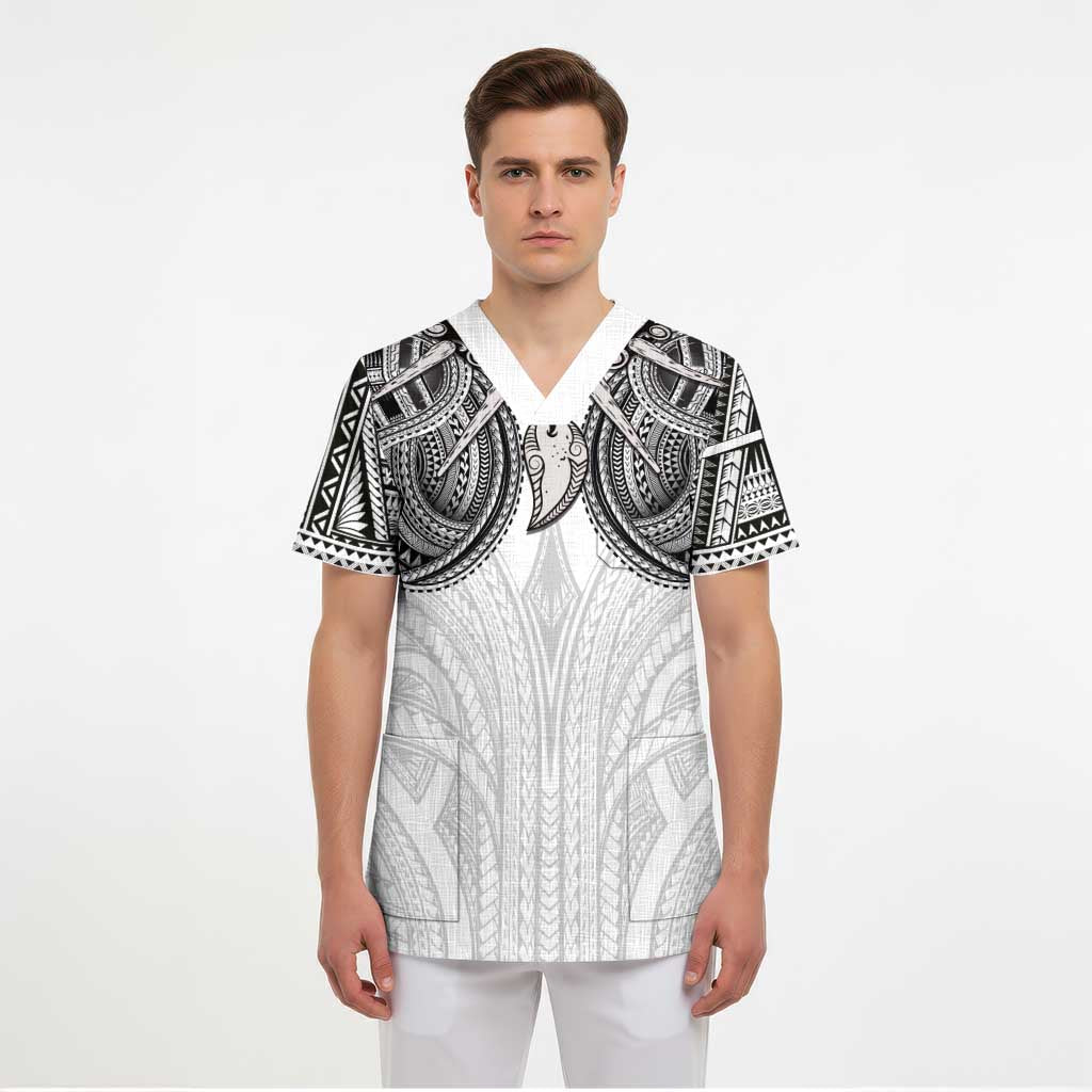 Samoan Traditional Art Tattoos Scrub Top Tatau Tribal Motifs with Ula Nifo White LT03 - Polynesian Pride