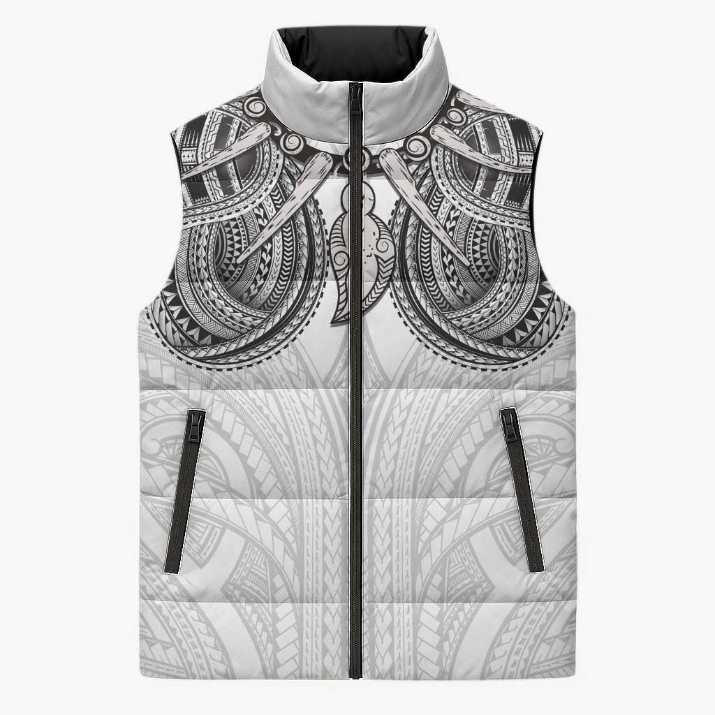 Samoan Traditional Art Tattoos Sleeveless Puffer Jacket Tatau Tribal Motifs with Ula Nifo White LT03 Unisex White - Polynesian Pride