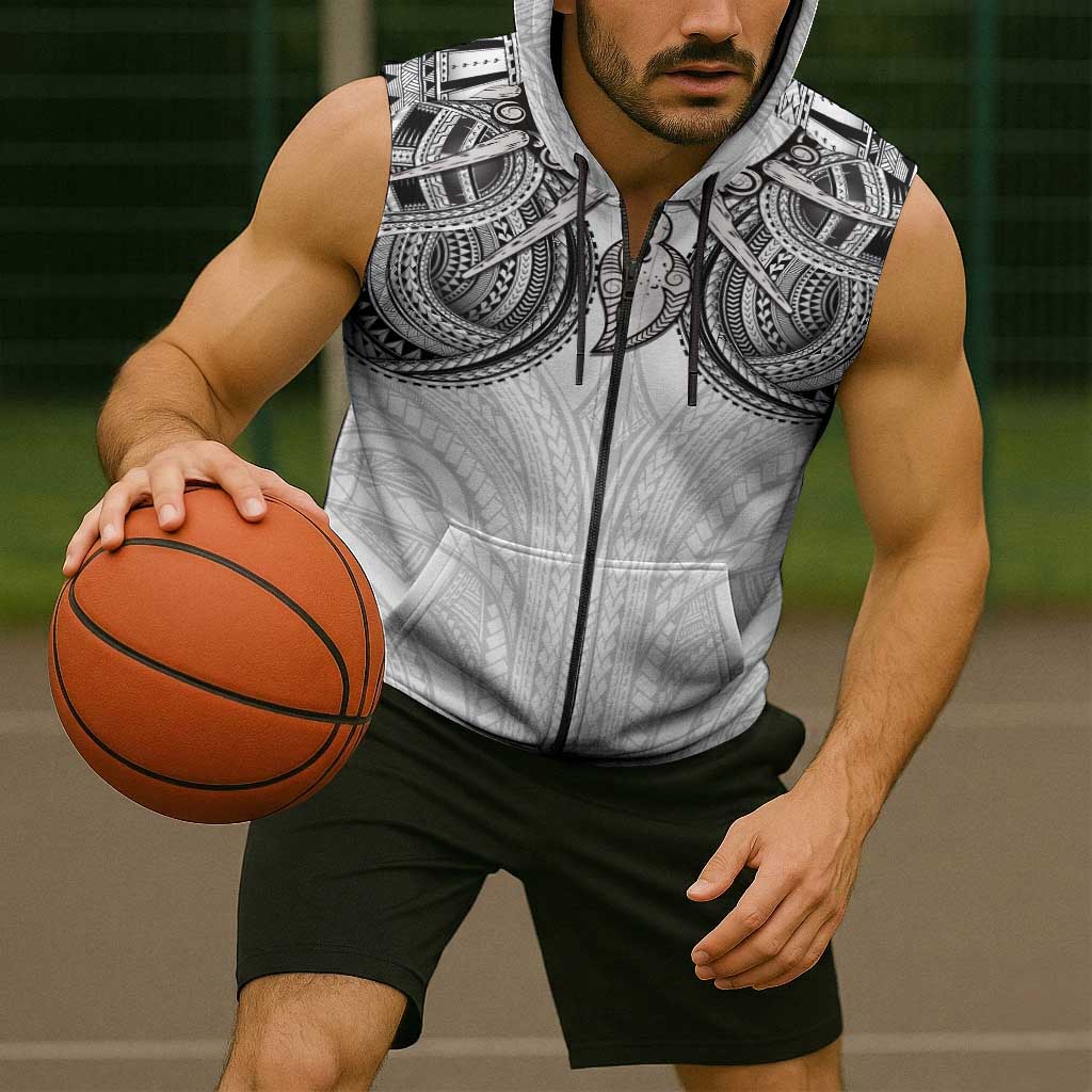 Samoan Traditional Art Tattoos Sleeveless Zip Hoodie Tatau Tribal Motifs with Ula Nifo White LT03 - Polynesian Pride