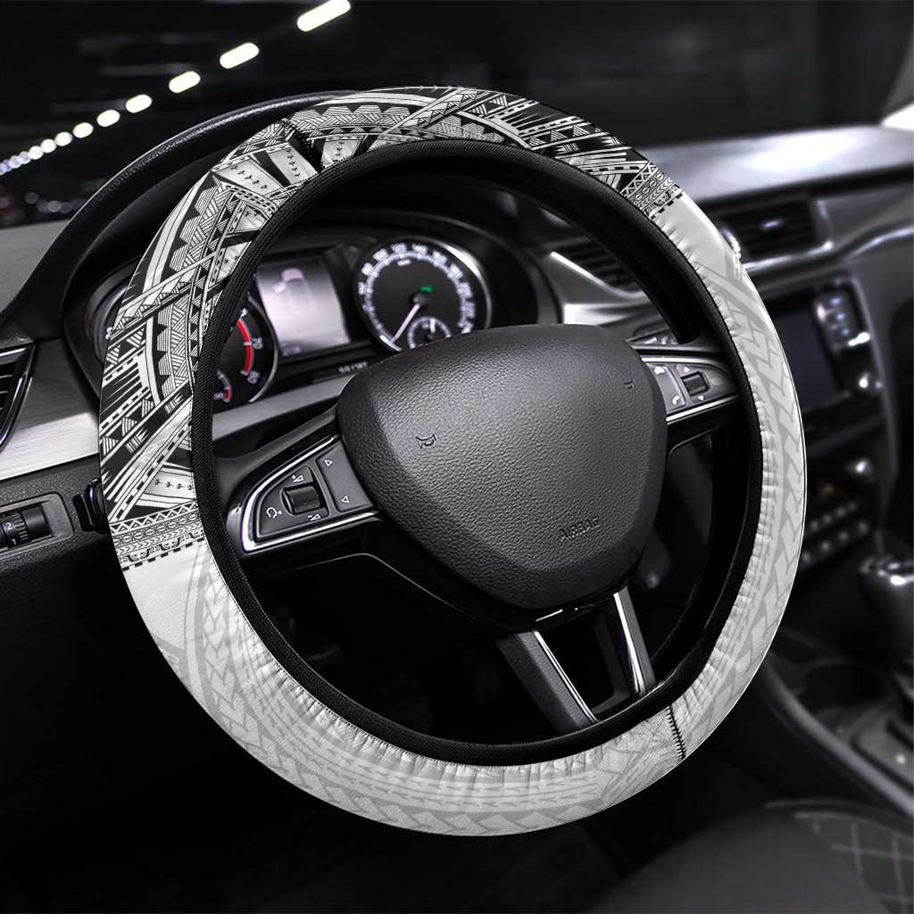 Samoan Traditional Art Tattoos Steering Wheel Cover Tatau Tribal Motifs with Ula Nifo White LT03 Universal Fit White - Polynesian Pride