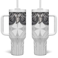 Samoan Traditional Art Tattoos Tumbler With Handle Tatau Tribal Motifs with Ula Nifo White LT03 One Size: 40 oz White - Polynesian Pride