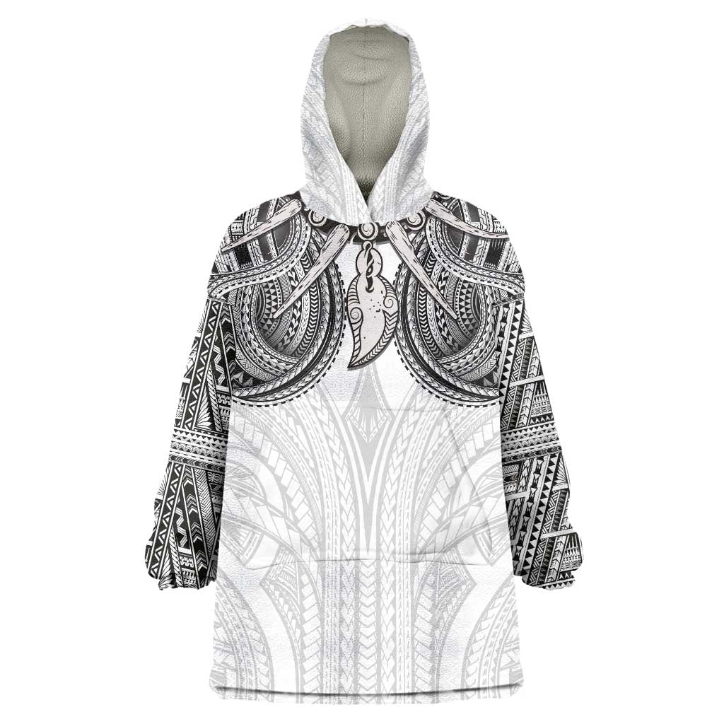 Samoan Traditional Art Tattoos Wearable Blanket Hoodie Tatau Tribal Motifs with Ula Nifo White LT03 One Size White - Polynesian Pride