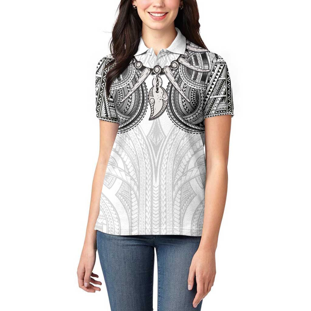 Samoan Traditional Art Tattoos Women Polo Shirt Tatau Tribal Motifs with Ula Nifo White - Polynesian Pride