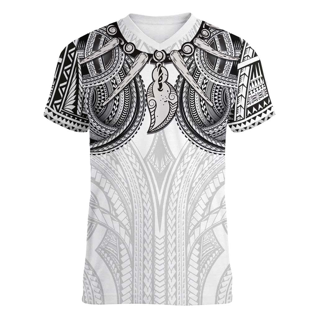 Samoan Traditional Art Tattoos Women V-Neck T-Shirt Tatau Tribal Motifs with Ula Nifo White LT03 Female White - Polynesian Pride