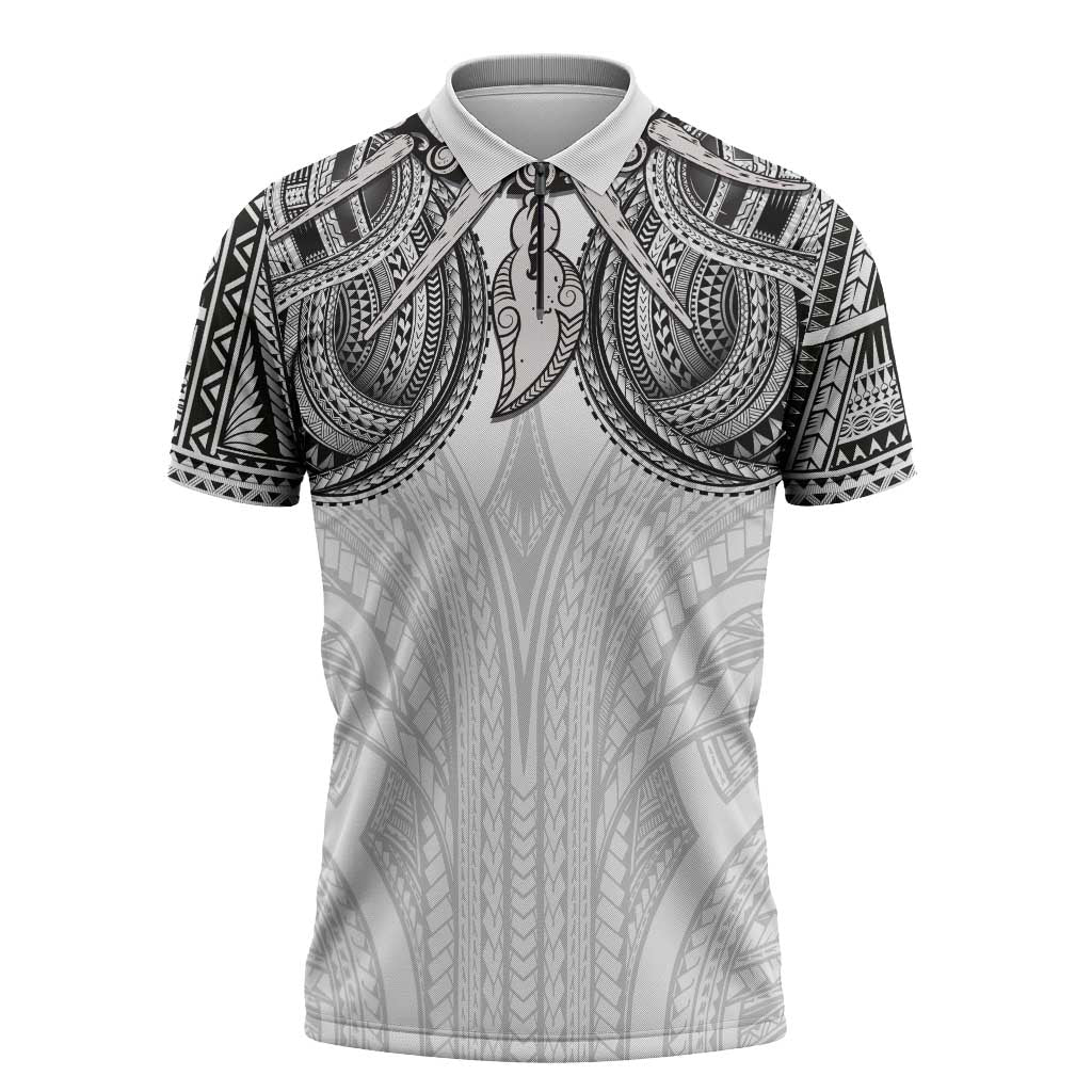 Samoan Traditional Art Tattoos Zipper Polo Shirt Tatau Tribal Motifs with Ula Nifo White - Polynesian Pride