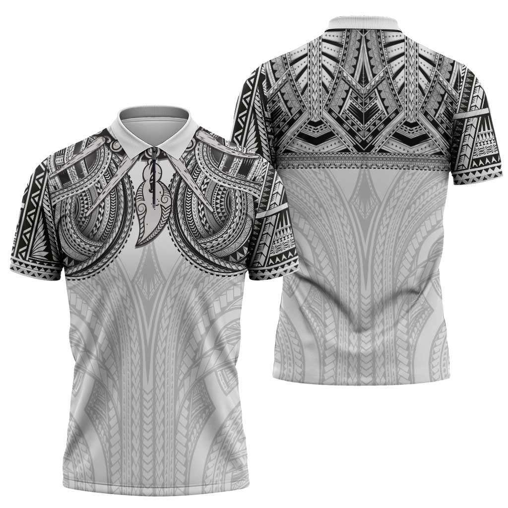 Samoan Traditional Art Tattoos Zipper Polo Shirt Tatau Tribal Motifs with Ula Nifo White LT03 - Polynesian Pride
