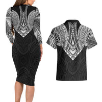 Samoan Traditional Art Tattoos Couples Matching Long Sleeve Bodycon Dress and Hawaiian Shirt Tatau Roman Reigns Black Color LT03 - Polynesian Pride