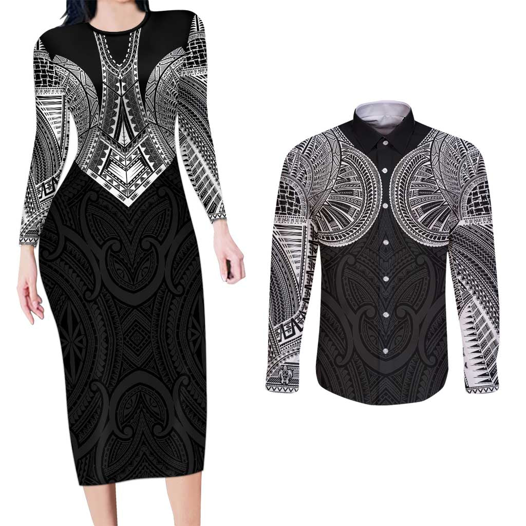 Samoan Traditional Art Tattoos Couples Matching Long Sleeve Bodycon Dress and Long Sleeve Button Shirt Tatau Roman Reigns Black Color LT03 Black - Polynesian Pride
