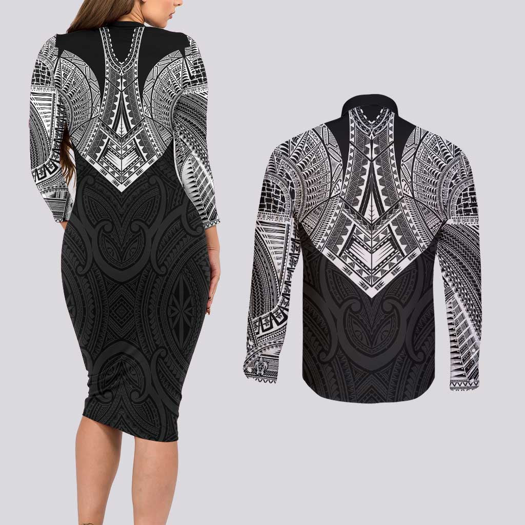 Samoan Traditional Art Tattoos Couples Matching Long Sleeve Bodycon Dress and Long Sleeve Button Shirt Tatau Roman Reigns Black Color LT03 - Polynesian Pride
