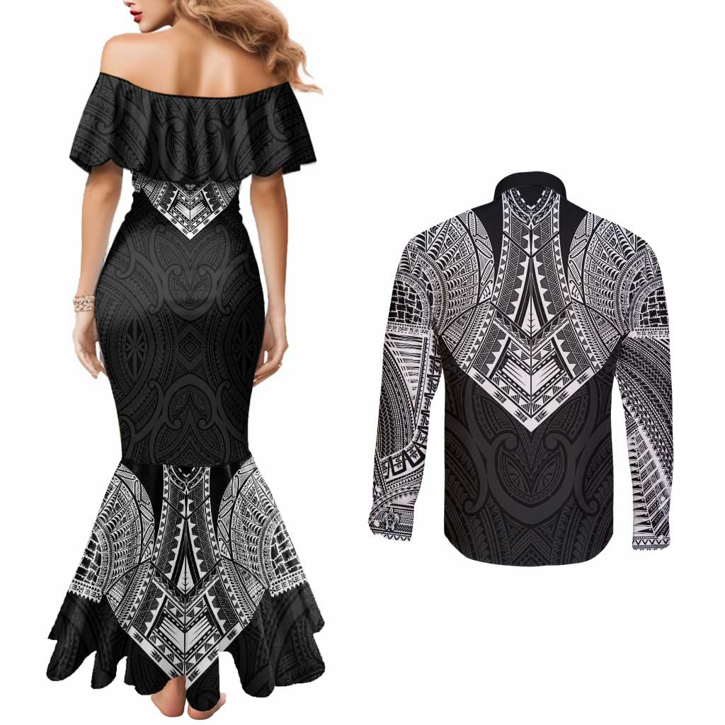 Samoan Traditional Art Tattoos Couples Matching Mermaid Dress and Long Sleeve Button Shirt Tatau Roman Reigns Black Color LT03 - Polynesian Pride