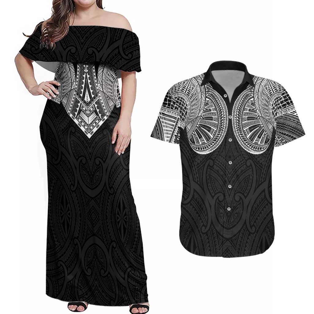 Samoan Traditional Art Tattoos Couples Matching Off Shoulder Maxi Dress and Hawaiian Shirt Tatau Roman Reigns Black Color LT03 Black - Polynesian Pride