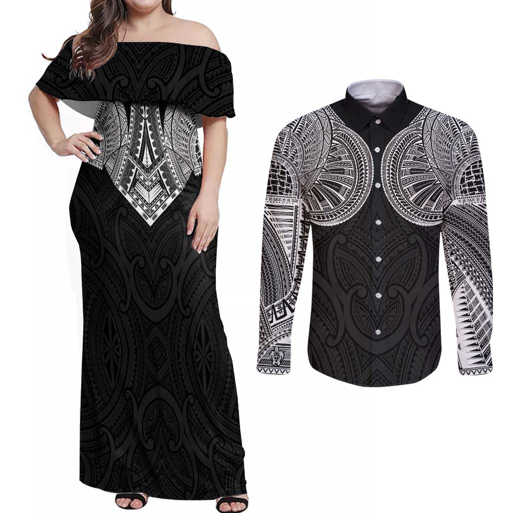 Samoan Traditional Art Tattoos Couples Matching Off Shoulder Maxi Dress and Long Sleeve Button Shirt Tatau Roman Reigns Black Color LT03 Black - Polynesian Pride