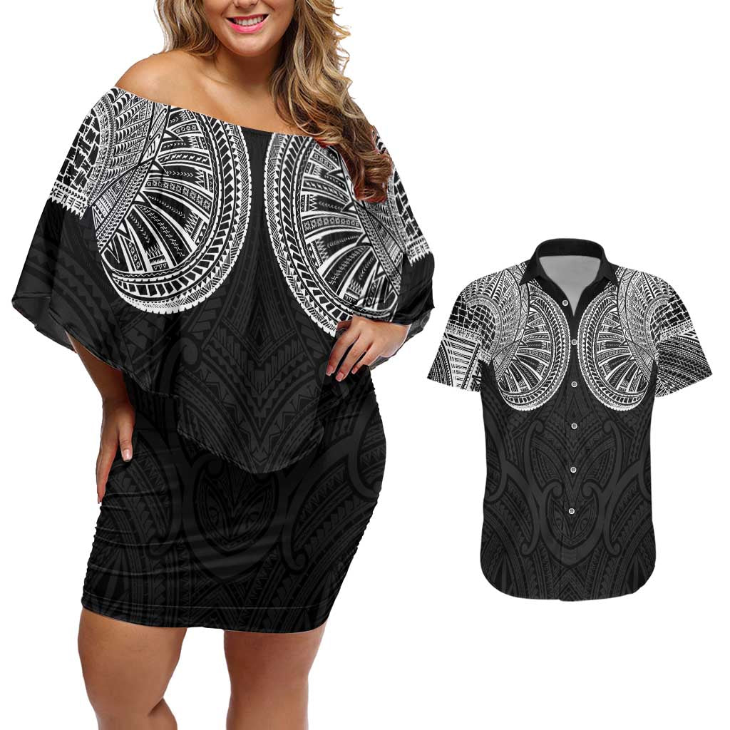 Samoan Traditional Art Tattoos Couples Matching Off Shoulder Short Dress and Hawaiian Shirt Tatau Roman Reigns Black Color LT03 Black - Polynesian Pride