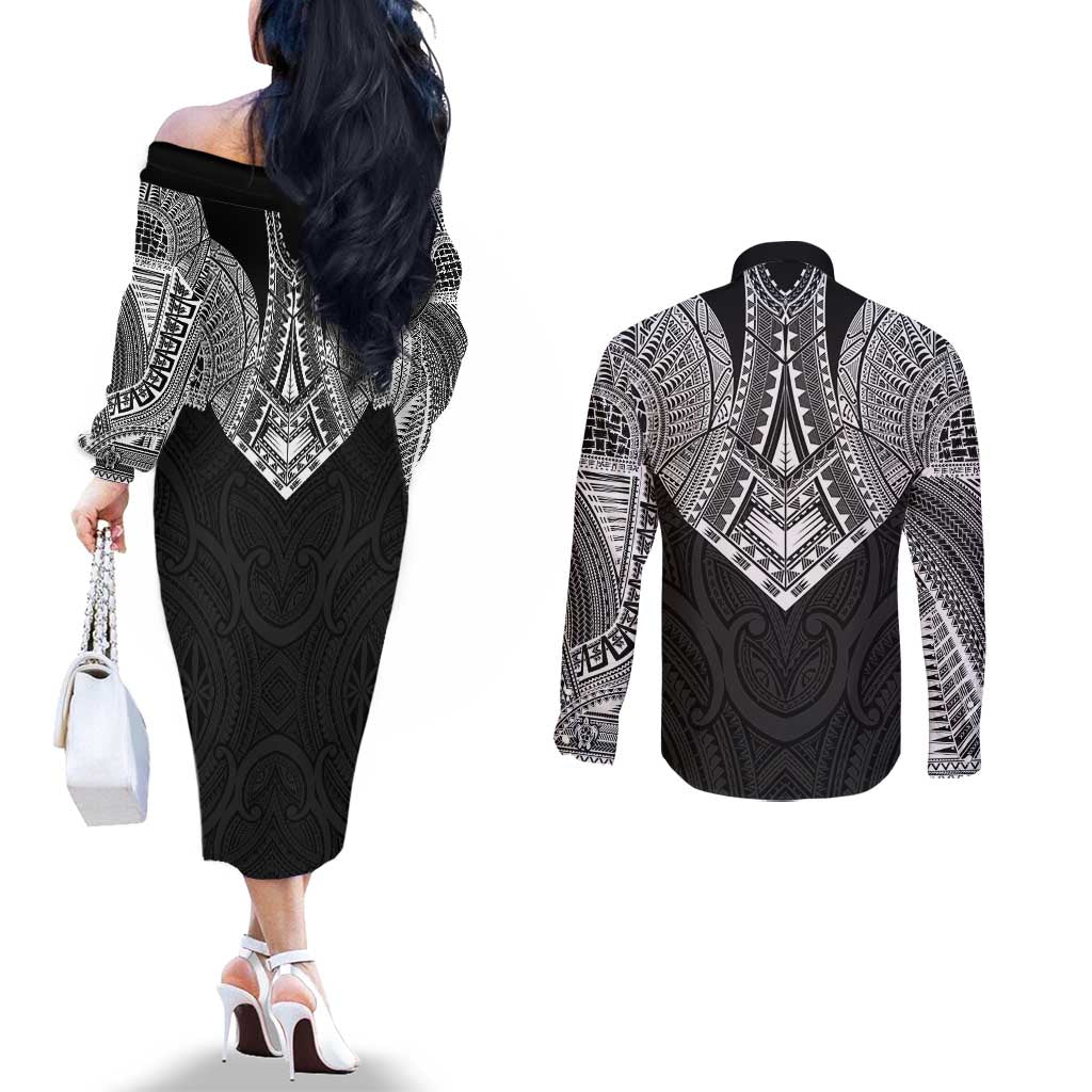Samoan Traditional Art Tattoos Couples Matching Off The Shoulder Long Sleeve Dress and Long Sleeve Button Shirt Tatau Roman Reigns Black Color LT03 - Polynesian Pride