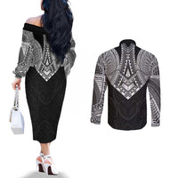 Samoan Traditional Art Tattoos Couples Matching Off The Shoulder Long Sleeve Dress and Long Sleeve Button Shirt Tatau Roman Reigns Black Color LT03 - Polynesian Pride