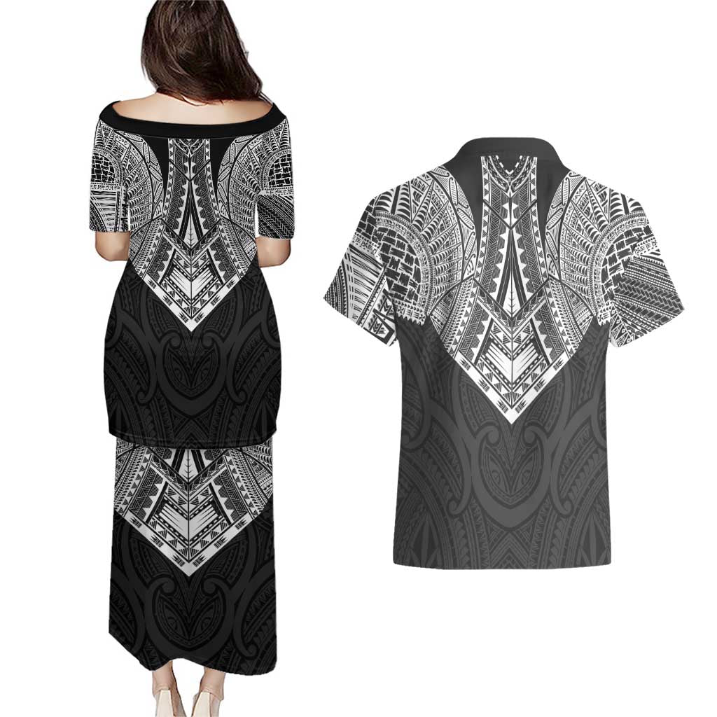 Samoan Traditional Art Tattoos Couples Matching Puletasi and Hawaiian Shirt Tatau Roman Reigns Black Color LT03 - Polynesian Pride