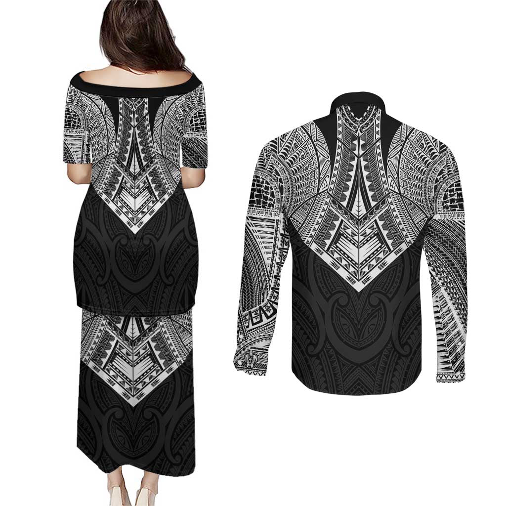Samoan Traditional Art Tattoos Couples Matching Puletasi and Long Sleeve Button Shirt Tatau Roman Reigns Black Color LT03 - Polynesian Pride