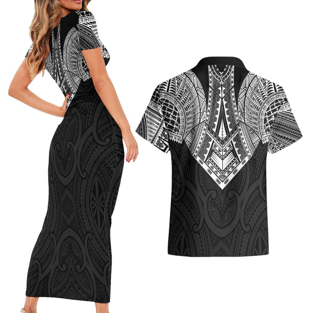 Samoan Traditional Art Tattoos Couples Matching Short Sleeve Bodycon Dress and Hawaiian Shirt Tatau Roman Reigns Black Color LT03 - Polynesian Pride