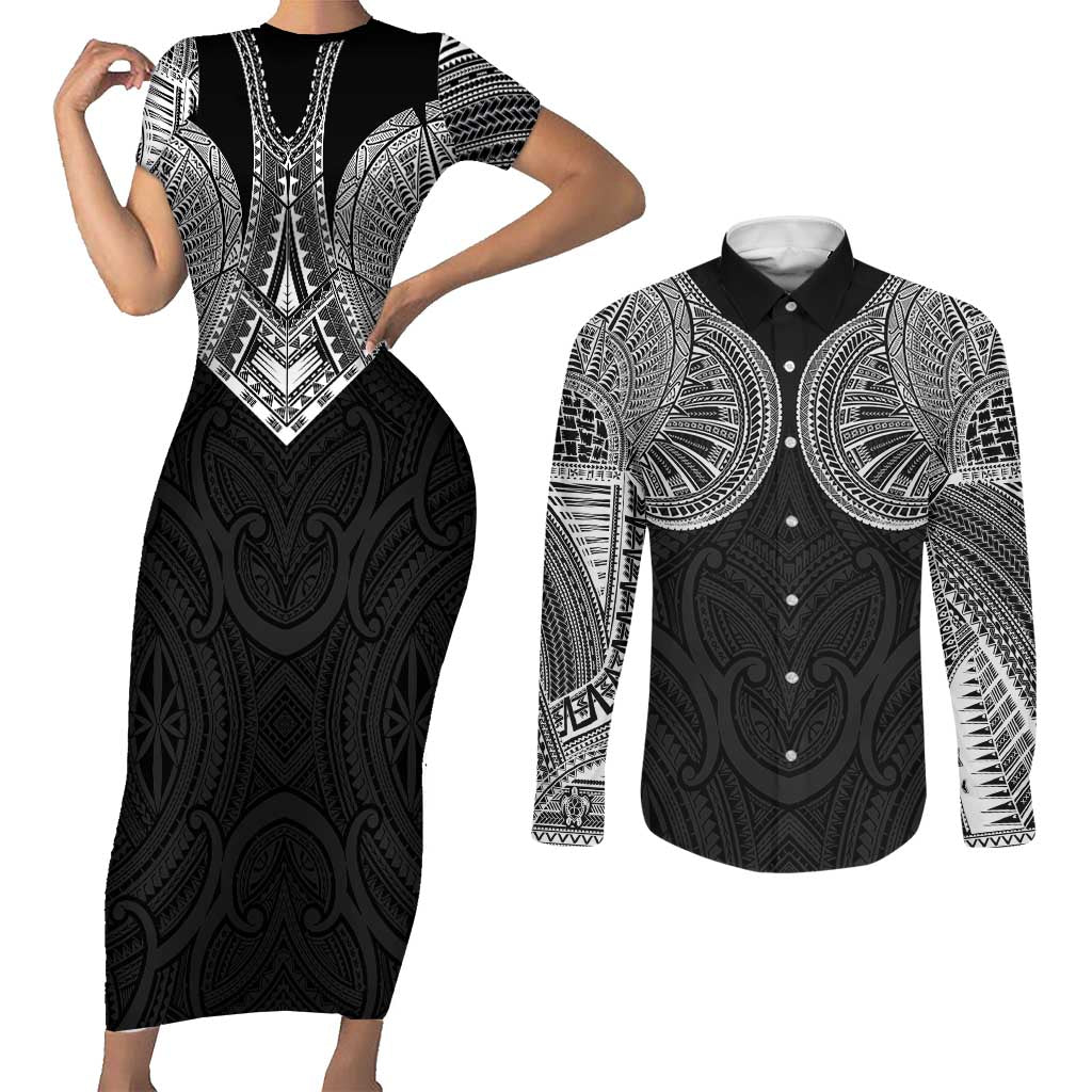 Samoan Traditional Art Tattoos Couples Matching Short Sleeve Bodycon Dress and Long Sleeve Button Shirt Tatau Roman Reigns Black Color LT03 Black - Polynesian Pride