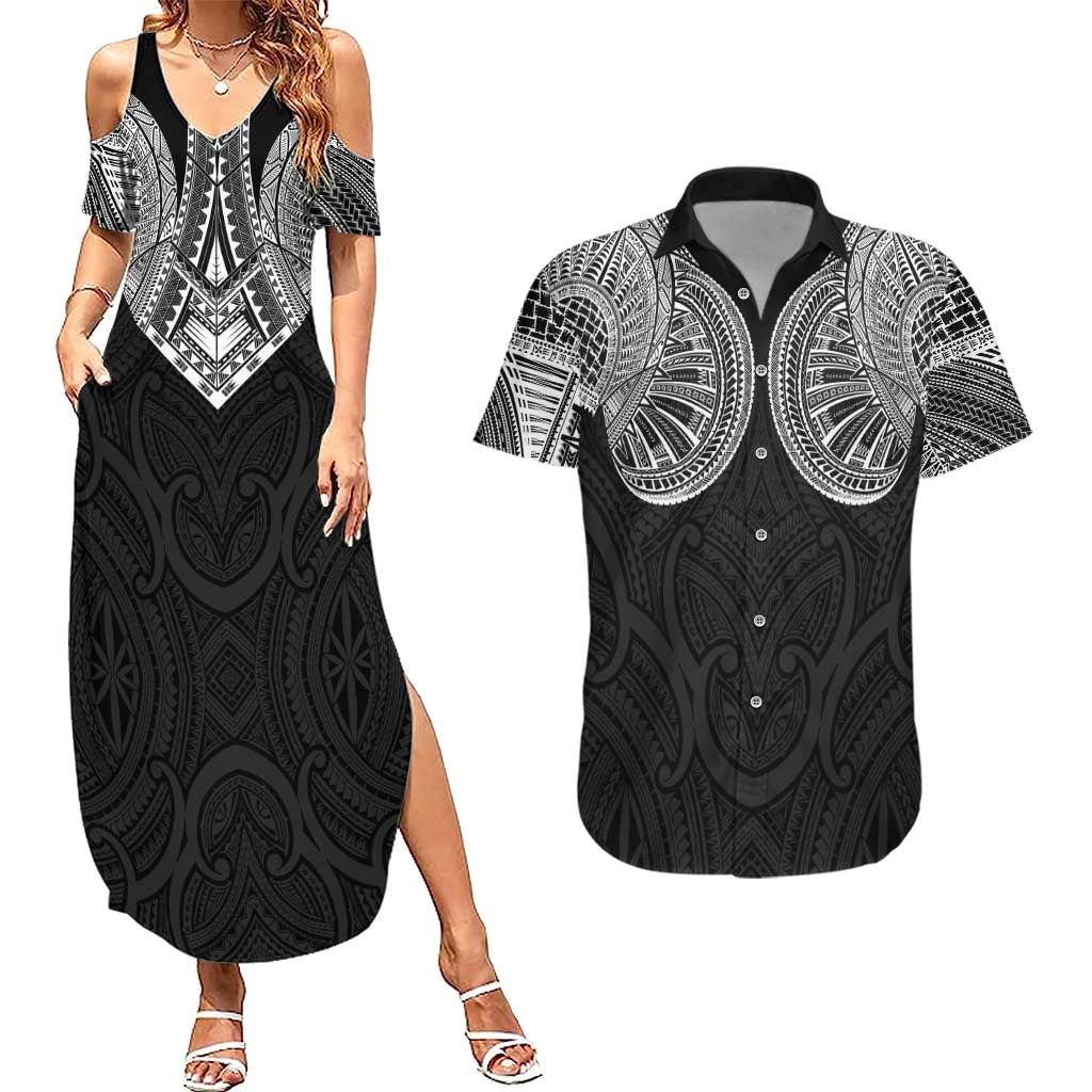 Samoan Traditional Art Tattoos Couples Matching Summer Maxi Dress and Hawaiian Shirt Tatau Roman Reigns Black Color LT03 Black - Polynesian Pride