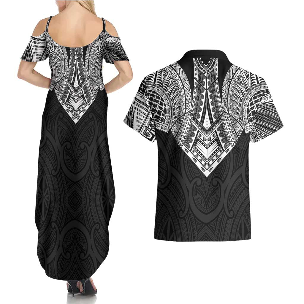 Samoan Traditional Art Tattoos Couples Matching Summer Maxi Dress and Hawaiian Shirt Tatau Roman Reigns Black Color LT03 - Polynesian Pride