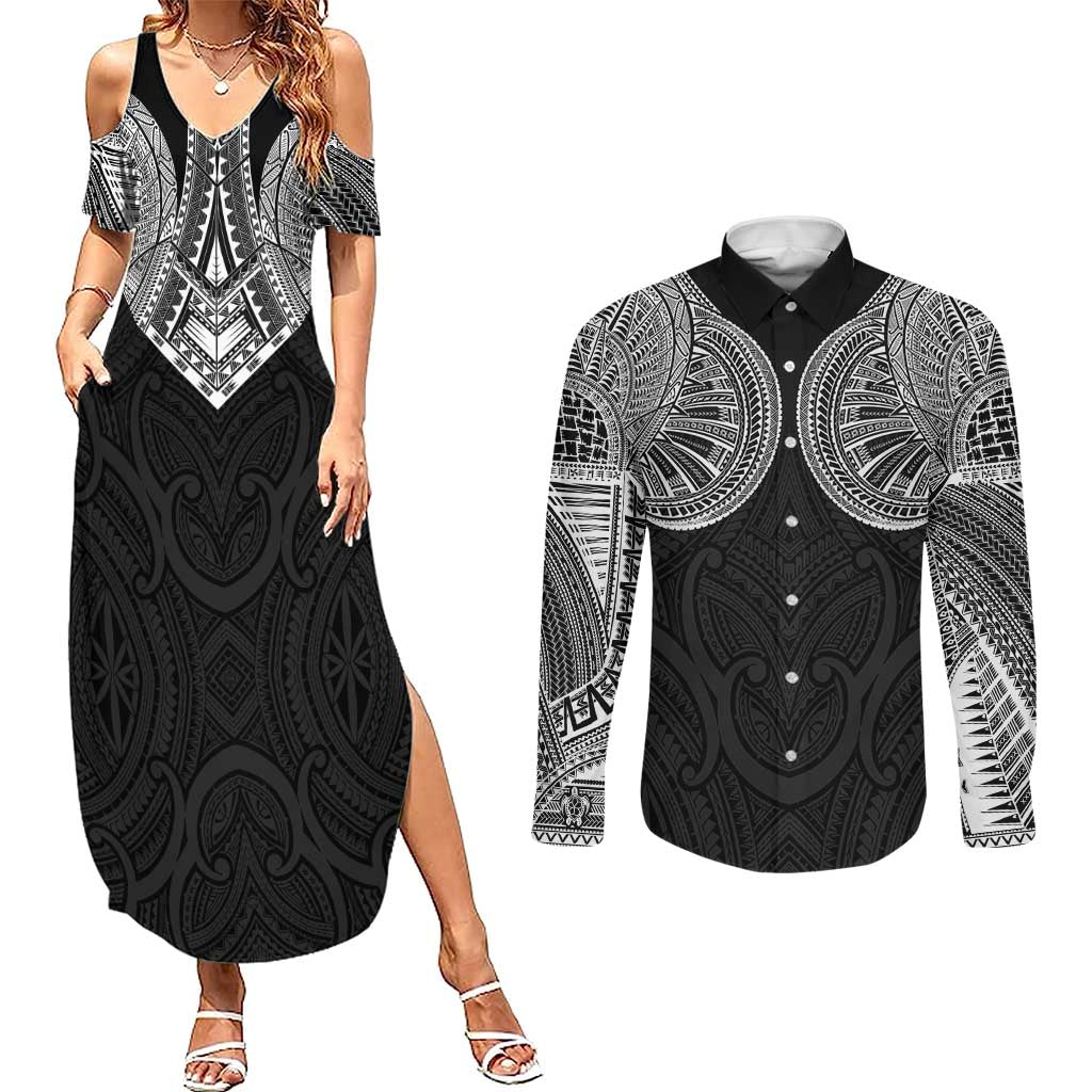 Samoan Traditional Art Tattoos Couples Matching Summer Maxi Dress and Long Sleeve Button Shirt Tatau Roman Reigns Black Color - Polynesian Pride