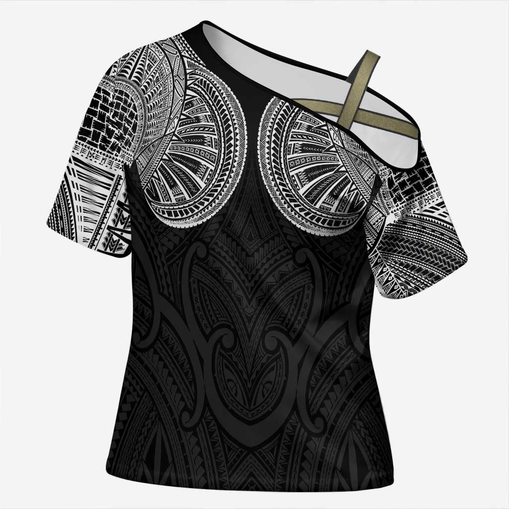 Samoan Traditional Art Tattoos Cross Shoulder Shirt Tatau Roman Reigns Black Color LT03 Female Black - Polynesian Pride