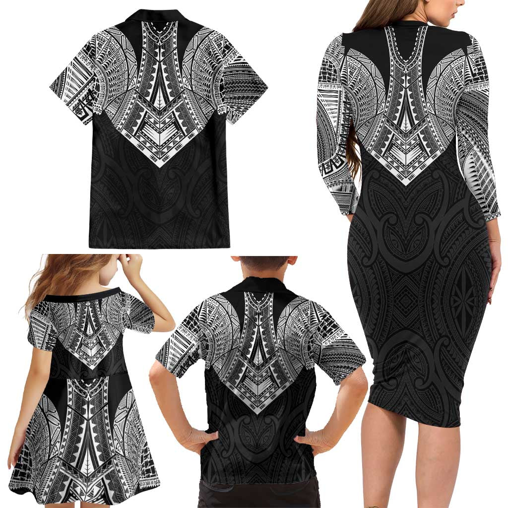 Samoan Traditional Art Tattoos Family Matching Long Sleeve Bodycon Dress and Hawaiian Shirt Tatau Roman Reigns Black Color LT03 - Polynesian Pride