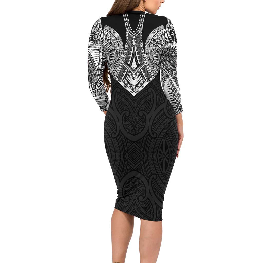 Samoan Traditional Art Tattoos Family Matching Long Sleeve Bodycon Dress and Hawaiian Shirt Tatau Roman Reigns Black Color LT03 - Polynesian Pride