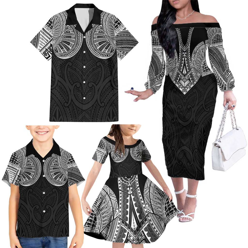 Samoan Traditional Art Tattoos Family Matching Off The Shoulder Long Sleeve Dress and Hawaiian Shirt Tatau Roman Reigns Black Color - Polynesian Pride