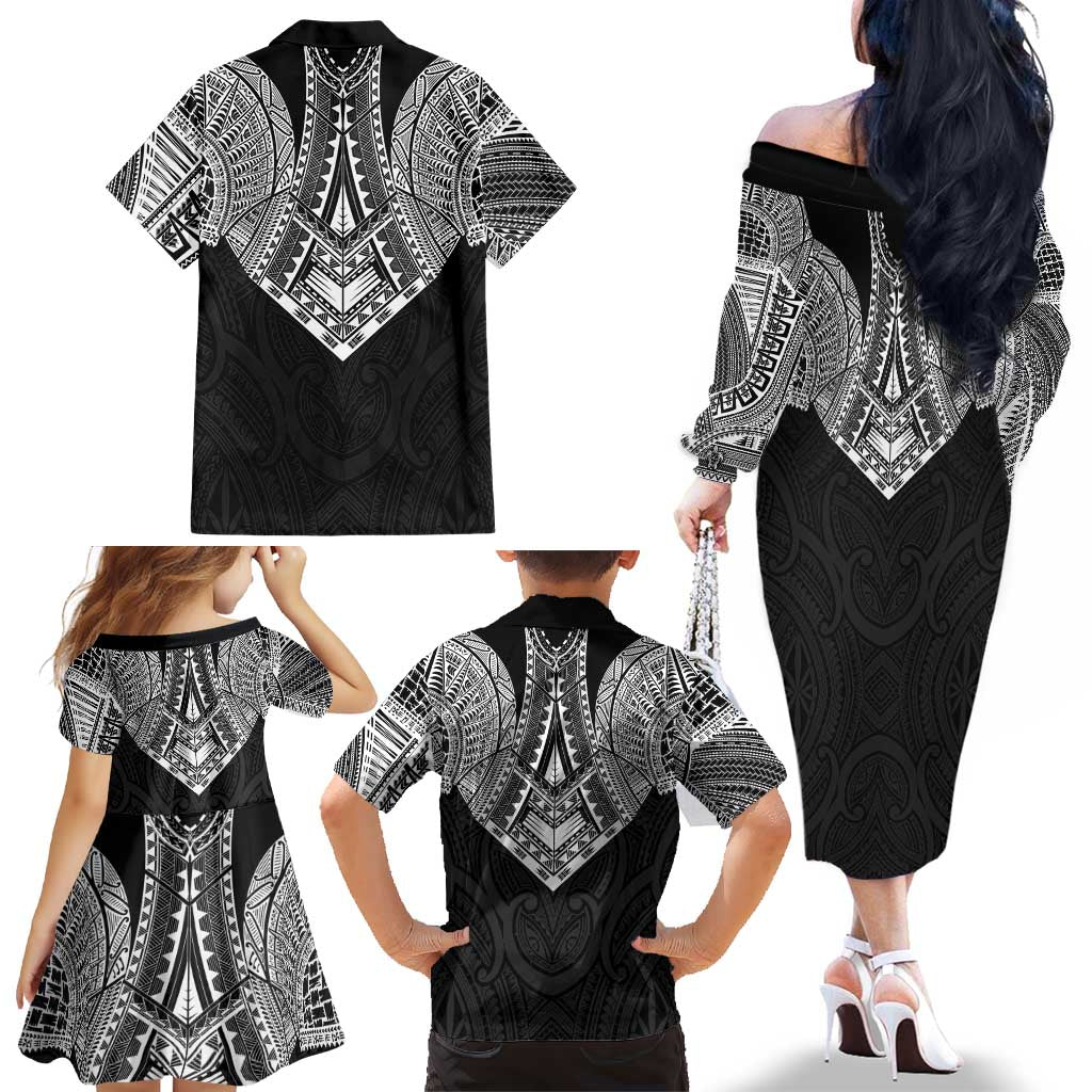 Samoan Traditional Art Tattoos Family Matching Off The Shoulder Long Sleeve Dress and Hawaiian Shirt Tatau Roman Reigns Black Color LT03 - Polynesian Pride