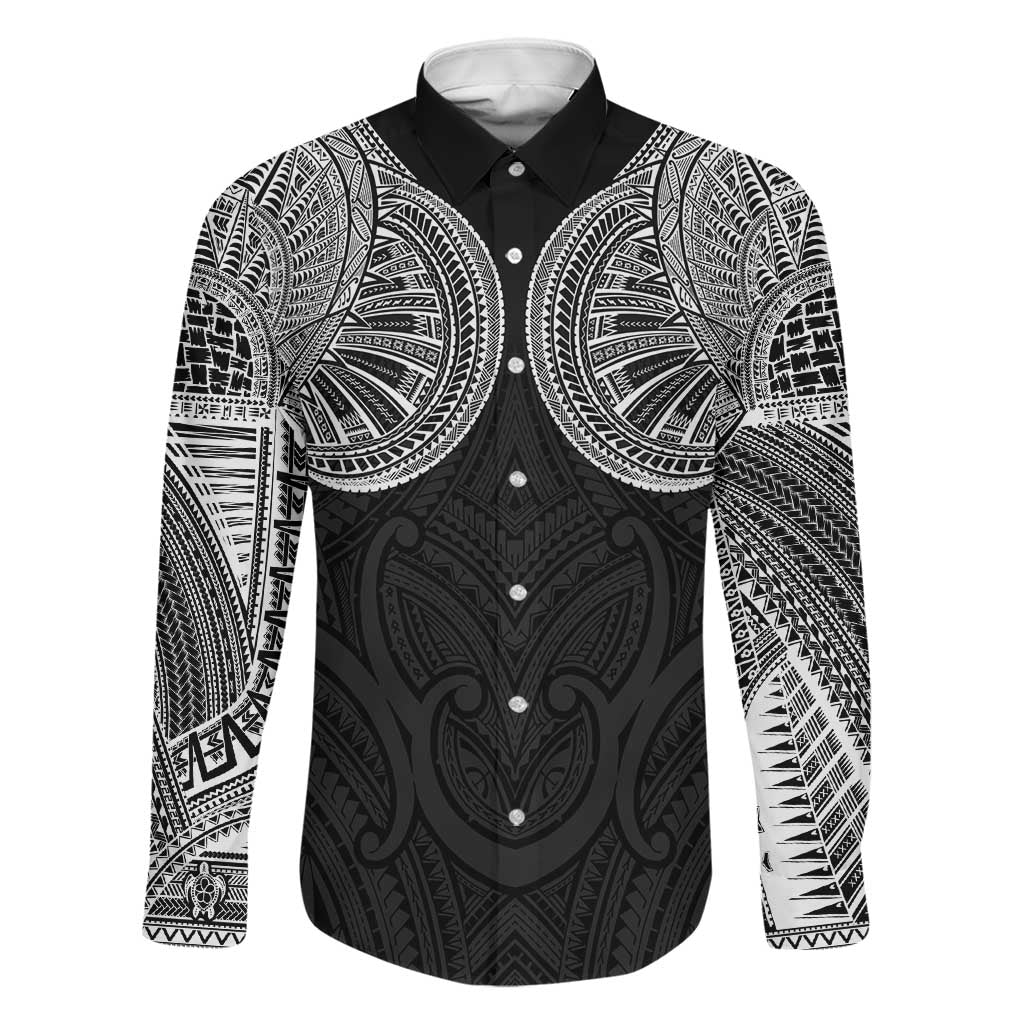 Samoan Traditional Art Tattoos Family Matching Off The Shoulder Long Sleeve Dress and Hawaiian Shirt Tatau Roman Reigns Black Color LT03 Dad's Shirt - Long Sleeve Black - Polynesian Pride