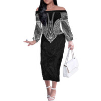 Samoan Traditional Art Tattoos Family Matching Off The Shoulder Long Sleeve Dress and Hawaiian Shirt Tatau Roman Reigns Black Color LT03 Mom's Dress Black - Polynesian Pride