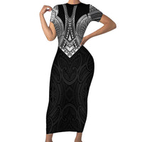 Samoan Traditional Art Tattoos Family Matching Short Sleeve Bodycon Dress and Hawaiian Shirt Tatau Roman Reigns Black Color LT03 Mom's Dress Black - Polynesian Pride