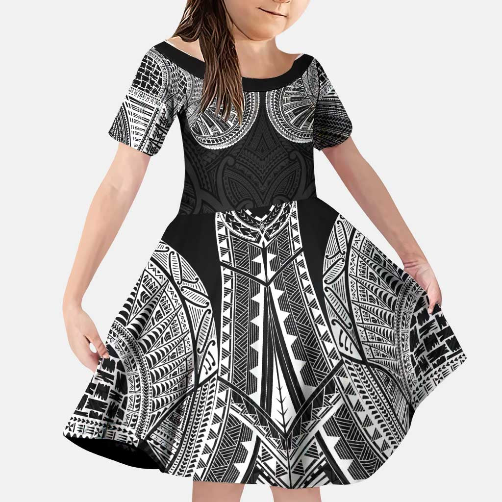 Samoan Traditional Art Tattoos Family Matching Summer Maxi Dress and Hawaiian Shirt Tatau Roman Reigns Black Color LT03 Daughter's Dress Black - Polynesian Pride